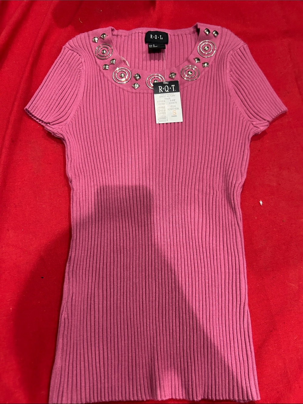 R.Q.T Pink Ribbed Short-Sleeve Sweater Top with Embellished Neck